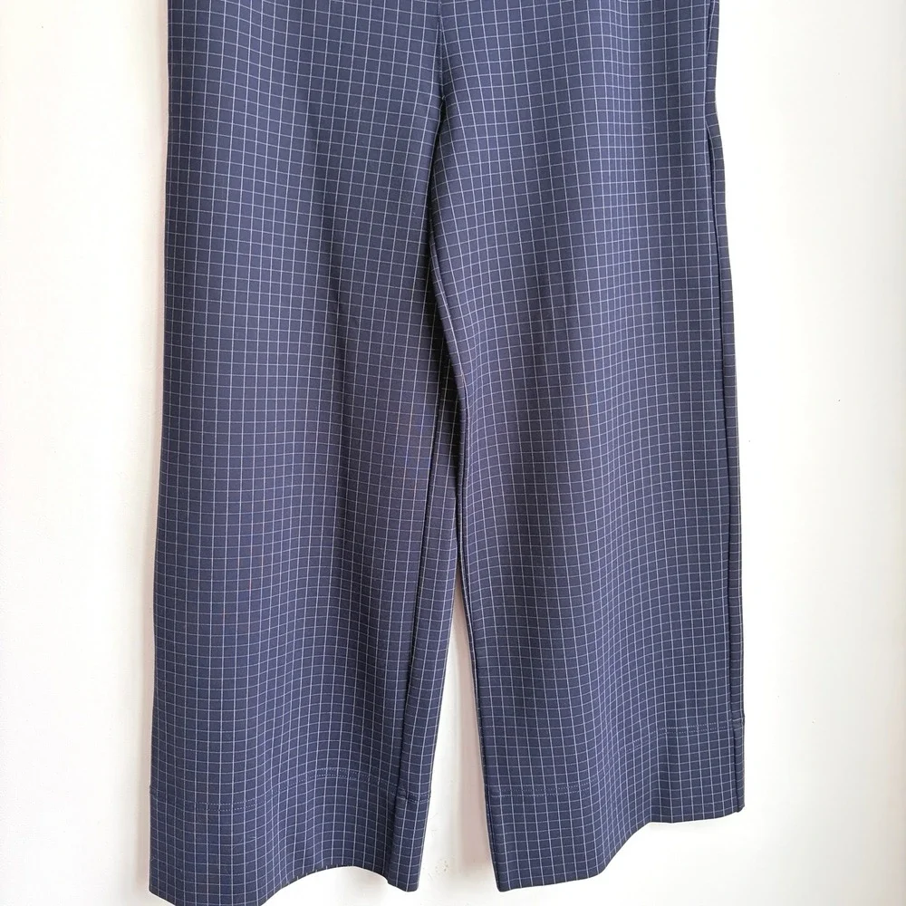 Betabrand Midtowne Navy Blue Grid Print Wide Leg Cropped Pants Size‎ L